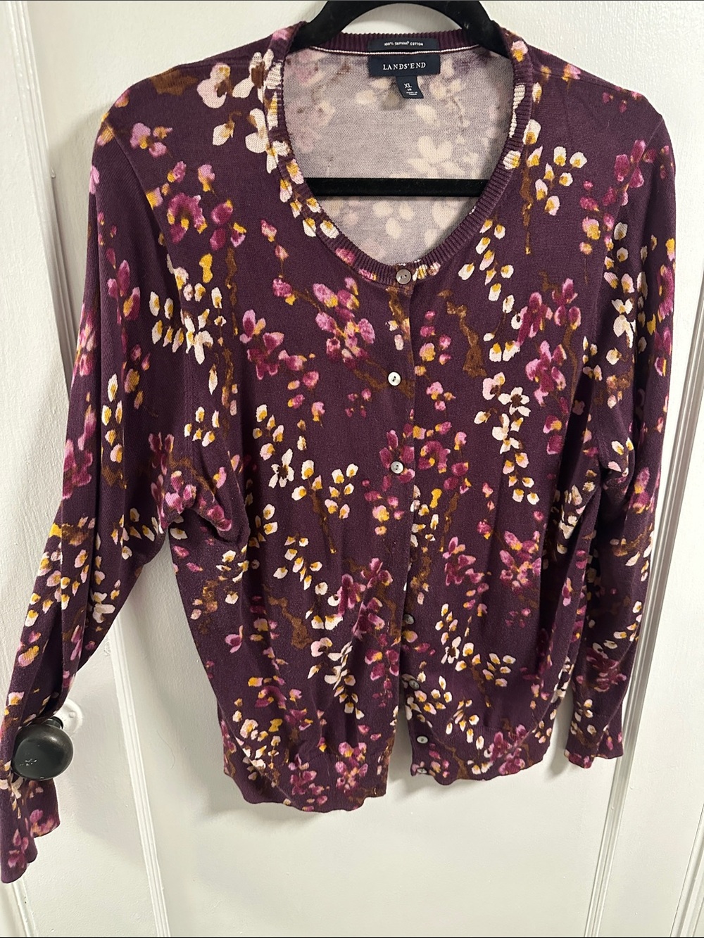 Lands' End Plum Floral Button Cardigan with Pink & Cream Accents